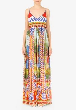 Dolce & Gabbana V-Neck Carretto Print Chiffon Maxi Dress Multicolor