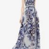 Dolce & Gabbana Majolica Print Chiffon Maxi Dress Blue