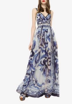 Dolce & Gabbana Majolica Print Chiffon Maxi Dress Blue