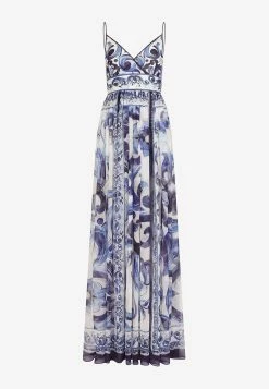 Dolce & Gabbana Majolica Print Chiffon Maxi Dress Blue -Evening Dresses Popular Store F6J8BT 20HI1BJ 20HA3TN 202