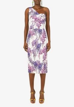 Dolce & Gabbana One-Shoulder Floral Midi Dress Lavender