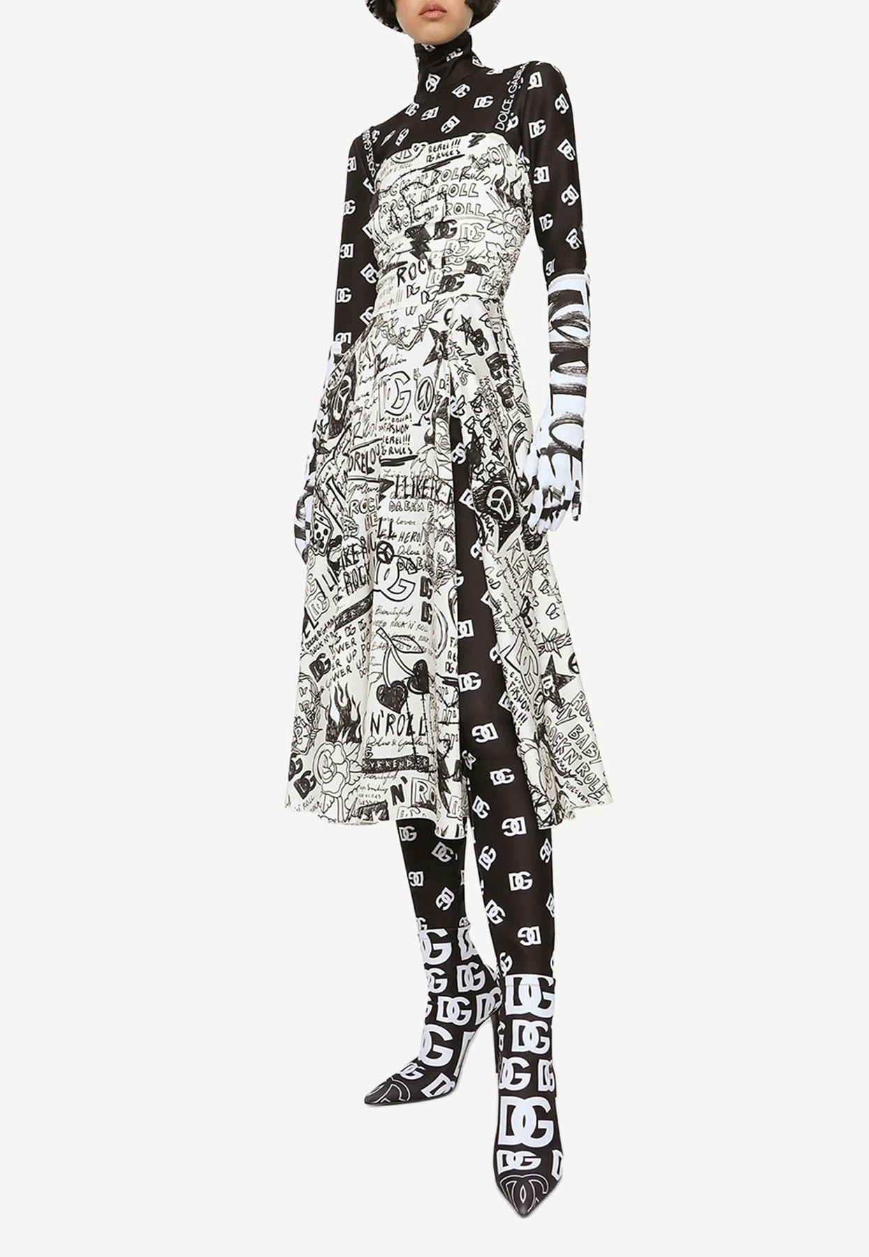 Dolce & Gabbana Graffiti Print Silk Charmeuse Midi Dress Monochrome 1 Dolce & Gabbana Graffiti Print Silk Charmeuse Midi Dress Monochrome