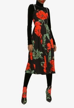 Dolce & Gabbana Poppy Print Silk Charmeuse Sleeveless Midi Dress Black