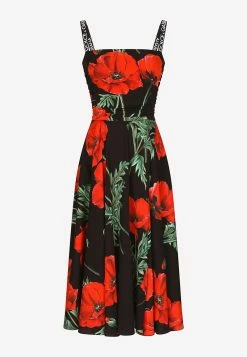 Dolce & Gabbana Poppy Print Silk Charmeuse Sleeveless Midi Dress Black -Evening Dresses Popular Store F6R2QT 20FSA3Z 20HN3QG 202