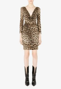 Dolce & Gabbana Leopard Print V-Neck Charmeuse Mini Dress Brown