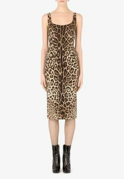 Dolce & Gabbana Leopard Print Charmeuse Midi Dress Brown