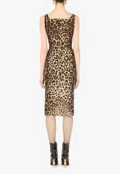 Dolce & Gabbana Leopard Print Charmeuse Midi Dress Brown -Evening Dresses Popular Store F6R7LTFSADD HY13M 1