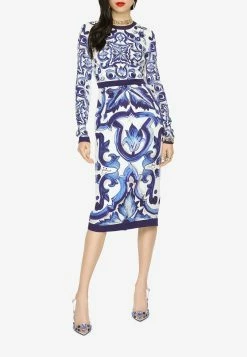 Dolce & Gabbana Majolica Print Charmeuse Midi Dress Blue