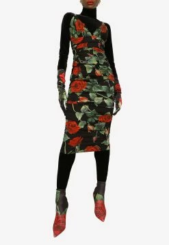 Dolce & Gabbana Rose Print Silk Charmeuse Midi Dress Multicolor