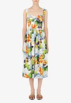 Dolce & Gabbana Hydrangea-Print Poplin Midi Dress Multicolor
