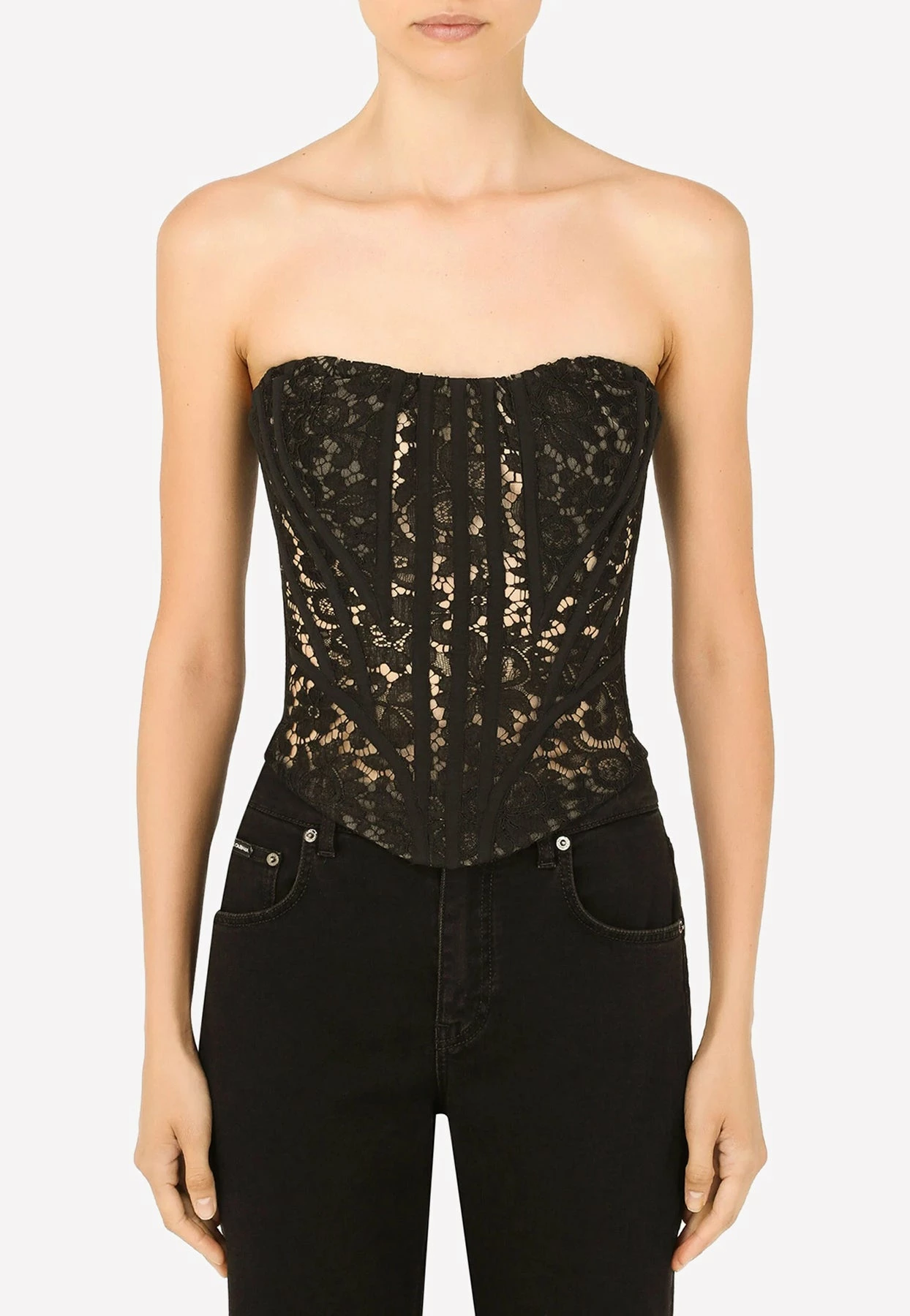 Dolce & Gabbana Lace Detail Bustier Cropped Top Black 1 Dolce & Gabbana Lace Detail Bustier Cropped Top Black