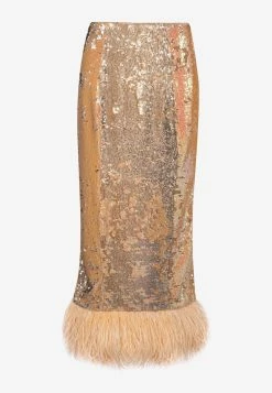 F.ILKK Sequined Feather-Trimmed Midi Skirt Orange -Evening Dresses Popular Store FSS23 008ORORANGE
