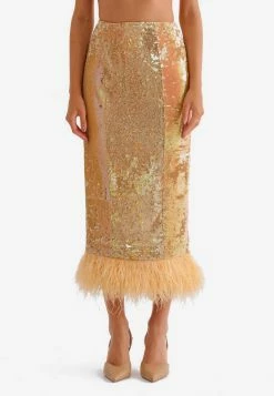 F.ILKK Sequined Feather-Trimmed Midi Skirt Orange