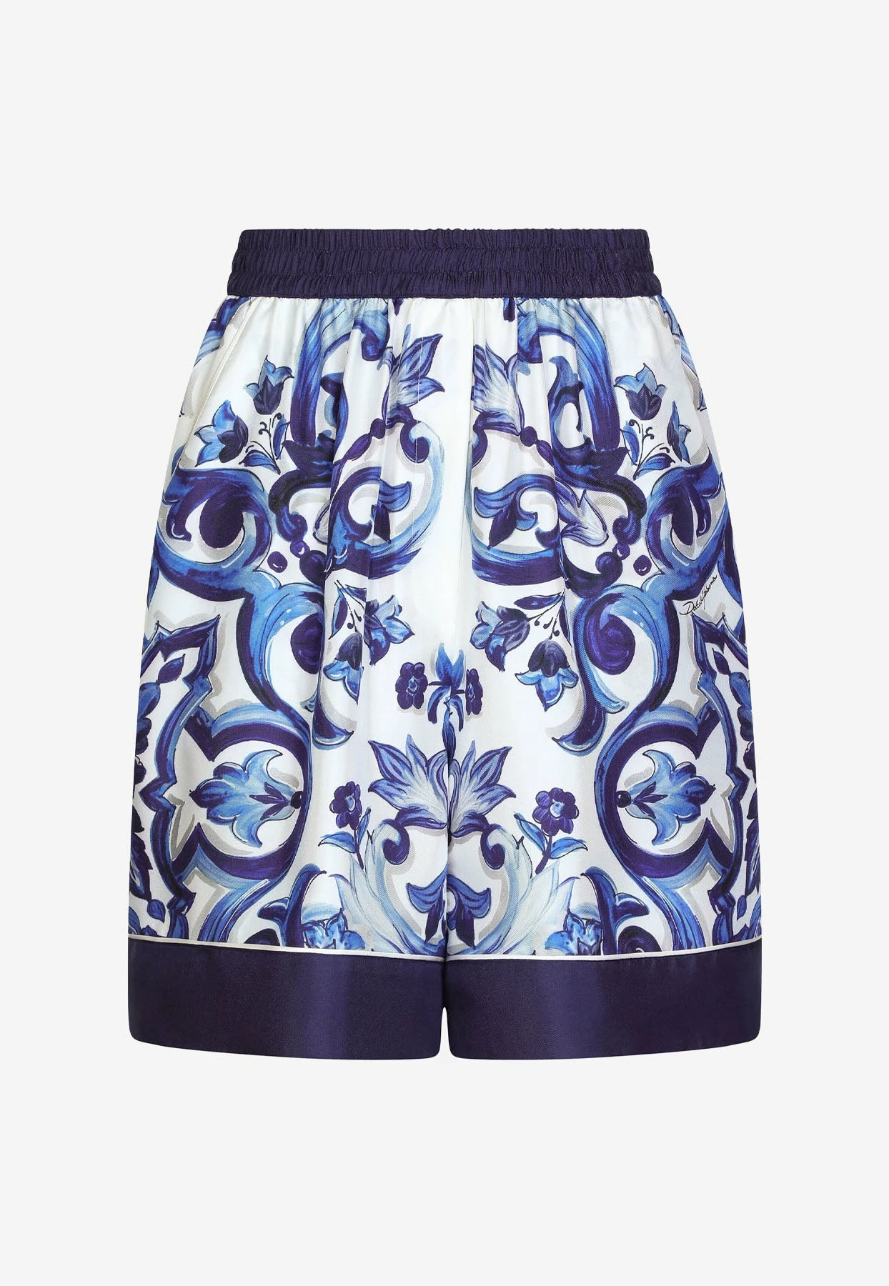 Dolce & Gabbana Majolica Print High-Waist Silk Twill Shorts Blue 1 Dolce & Gabbana Majolica Print High-Waist Silk Twill Shorts Blue