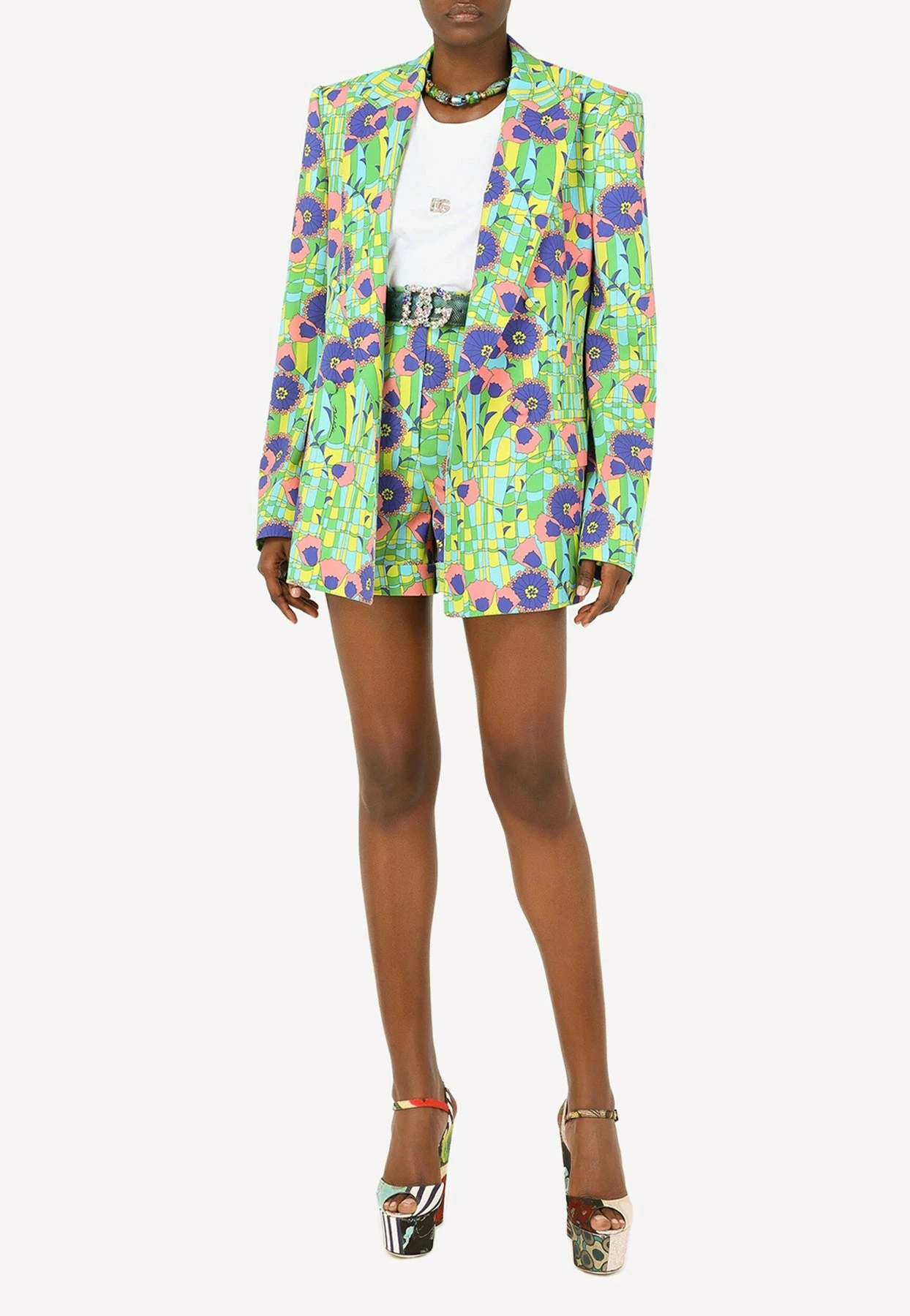 Dolce & Gabbana 60's Print High-Waist Gabardine Shorts Green 1 Dolce & Gabbana 60's Print High-Waist Gabardine Shorts Green