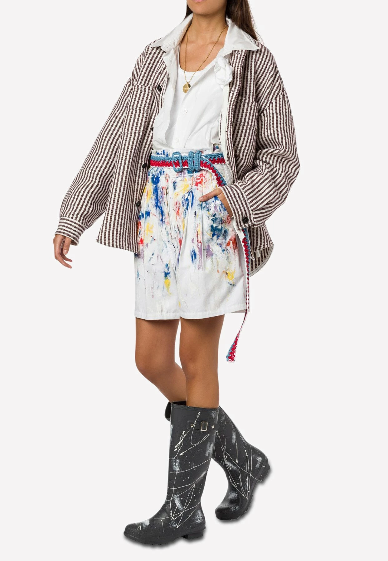 Philosophy Di Lorenzo Serafini High-Waist Hand Paint Cotton Shorts White 1 Philosophy Di Lorenzo Serafini High-Waist Hand Paint Cotton Shorts White