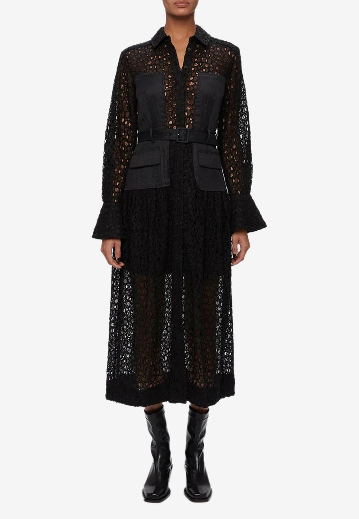 Jonathan Simkhai Zuma Lace Patchwork Shirt Midi Dress Black 1 Jonathan Simkhai Zuma Lace Patchwork Shirt Midi Dress Black