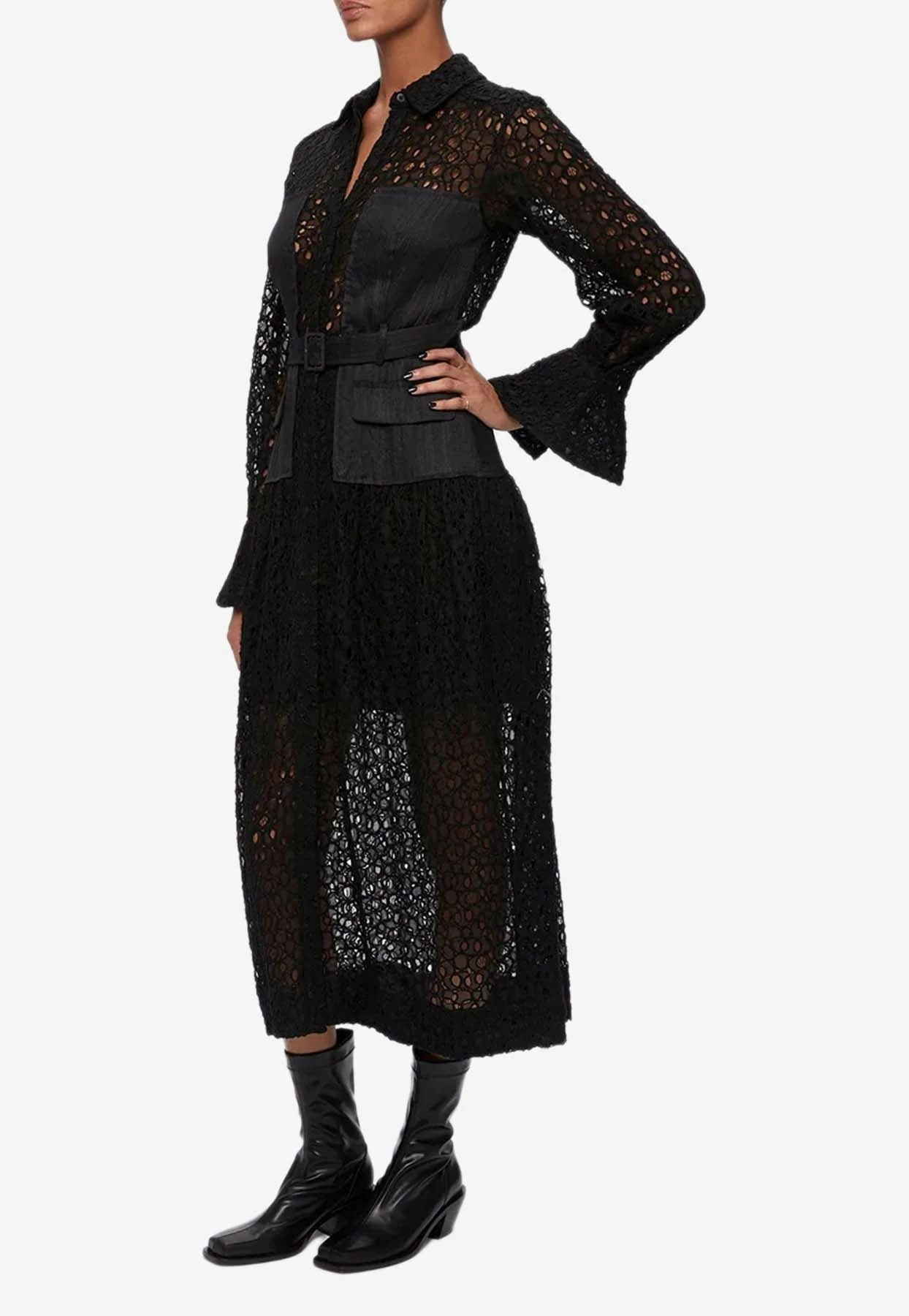 Jonathan Simkhai Zuma Lace Patchwork Shirt Midi Dress Black 2 Jonathan Simkhai Zuma Lace Patchwork Shirt Midi Dress Black - Image 2