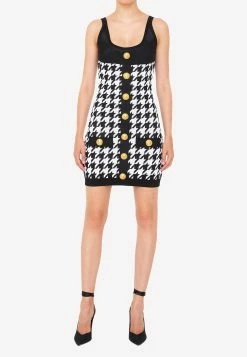 Balmain Houndstooth Sleeveless Mini Dress Monochrome