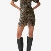 GANNI Leopard Print Fitted Mini Dress Brown