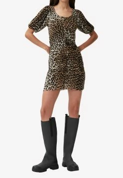 GANNI Leopard Print Fitted Mini Dress Brown