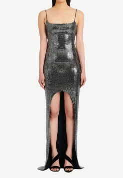 Balmain Crystal-Embellished Asymmetric Gown Silver