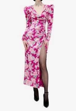 Alessandra Rich Floral Print Maxi Silk Dress Fuchsia