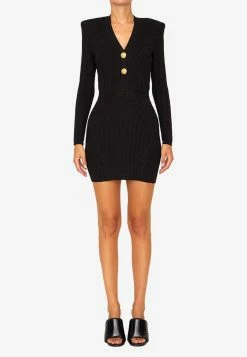 Balmain Padded Shoulder Knitted Mini Dress Black