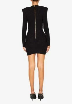 Balmain Padded Shoulder Knitted Mini Dress Black -Evening Dresses Popular Store MzM3ODEy