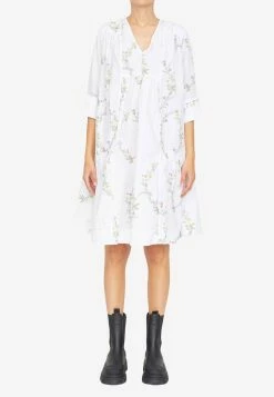 GANNI Floral Embroidered Poplin Dress White