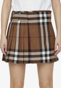 Burberry Check Pleated Mini Skirt In Wool Brown
