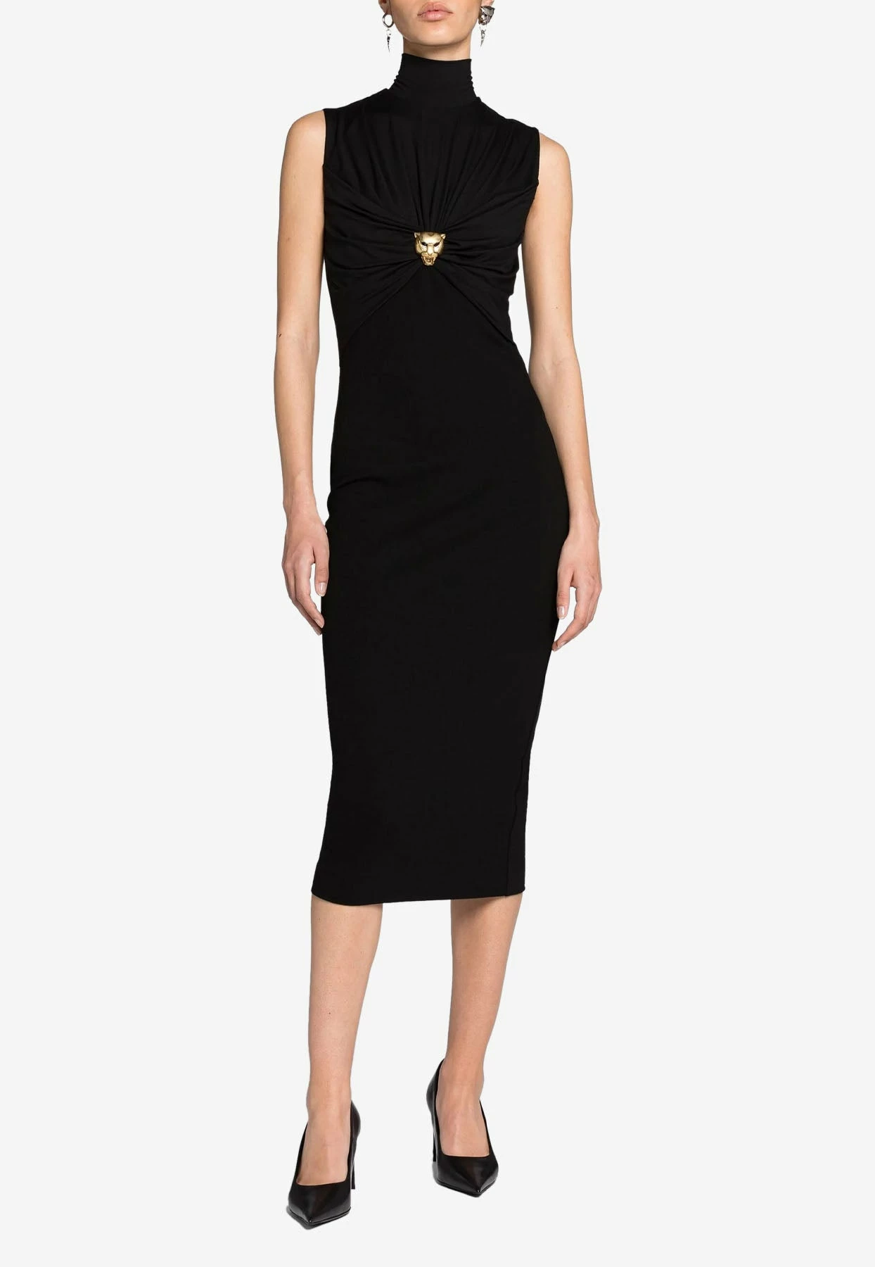 Roberto Cavalli Panther Head Gathered Midi Dress Black 1 Roberto Cavalli Panther Head Gathered Midi Dress Black