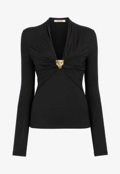 Roberto Cavalli Panther Head Gathered V-neck Top Black 7 Roberto Cavalli Panther Head Gathered V-neck Top Black -Evening Dresses Popular Store PKT602 20JE019 2005051