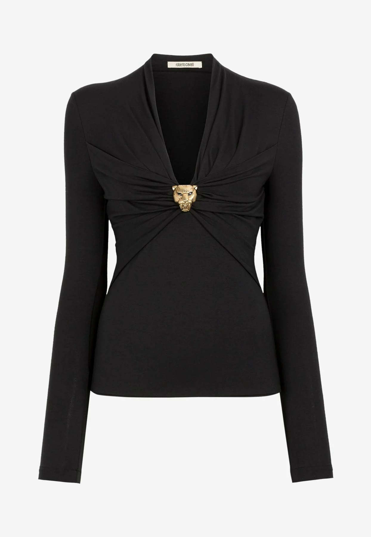 Roberto Cavalli Panther Head Gathered V-neck Top Black 4 Roberto Cavalli Panther Head Gathered V-neck Top Black - Image 4