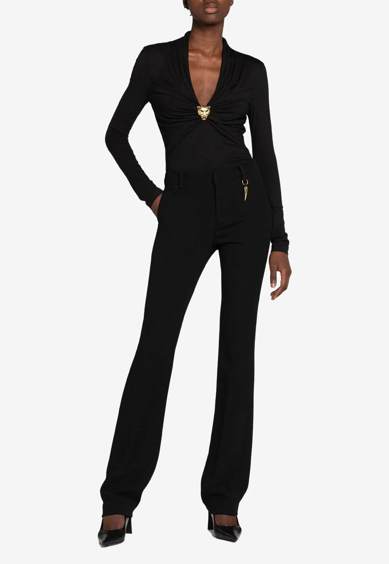 Roberto Cavalli Panther Head Gathered V-neck Top Black 2 Roberto Cavalli Panther Head Gathered V-neck Top Black - Image 2