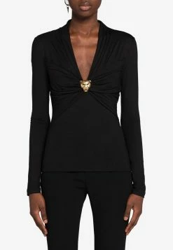 Roberto Cavalli Panther Head Gathered V-neck Top Black