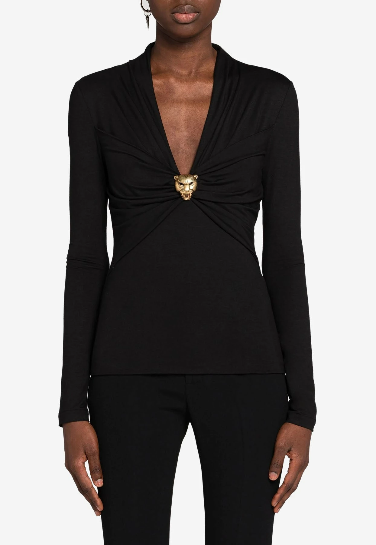 Roberto Cavalli Panther Head Gathered V-neck Top Black 1 Roberto Cavalli Panther Head Gathered V-neck Top Black