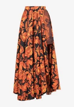 Roberto Cavalli Silk Rose And Python-Print Asymmetric Skirt Orange -Evening Dresses Popular Store PQT309 204QF03 20D2394