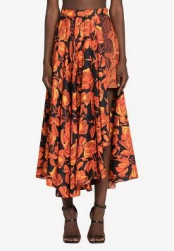 Roberto Cavalli Silk Rose And Python-Print Asymmetric Skirt Orange