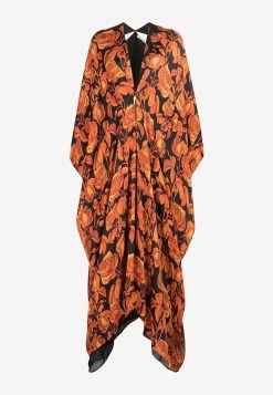 Roberto Cavalli Rose-Print Cut-Out Silk Kaftan Orange -Evening Dresses Popular Store PQT901 20CTF03 20D2394