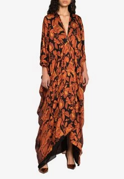 Roberto Cavalli Rose-Print Cut-Out Silk Kaftan Orange