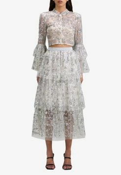 Self-Portrait Sequined Tiered Midi Skirt White
