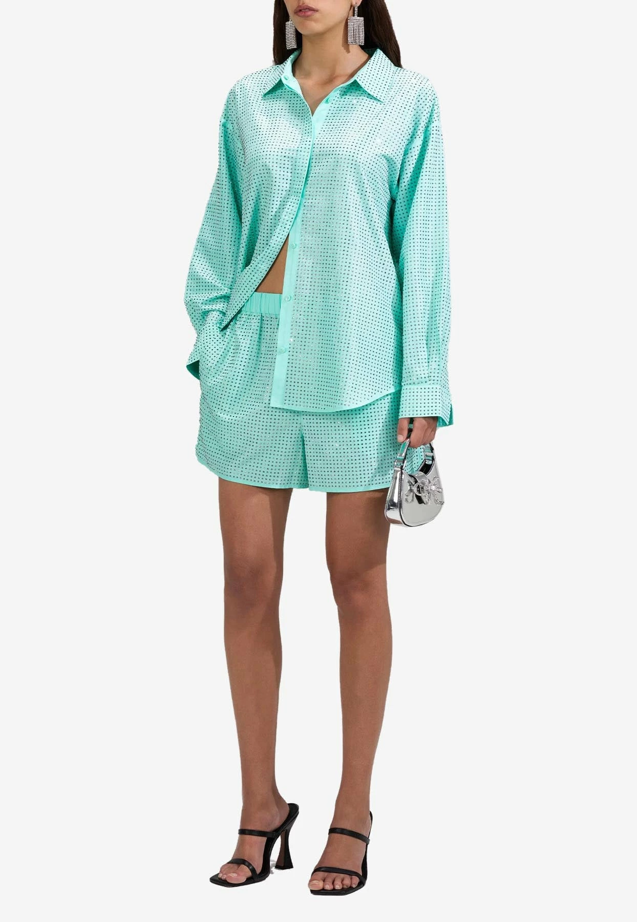 Self-Portrait Rhinestone-Embellished Taffeta Shorts Green 2 Self-Portrait Rhinestone-Embellished Taffeta Shorts Green - Image 2