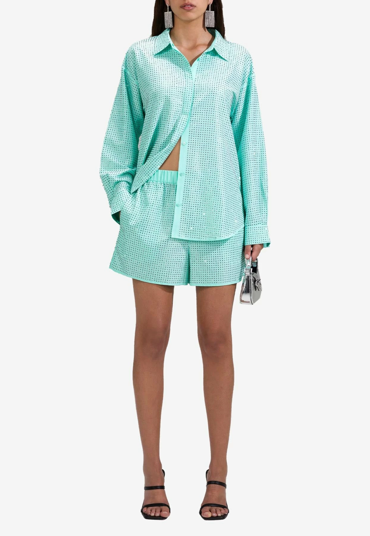 Self-Portrait Rhinestone-Embellished Taffeta Shorts Green 1 Self-Portrait Rhinestone-Embellished Taffeta Shorts Green