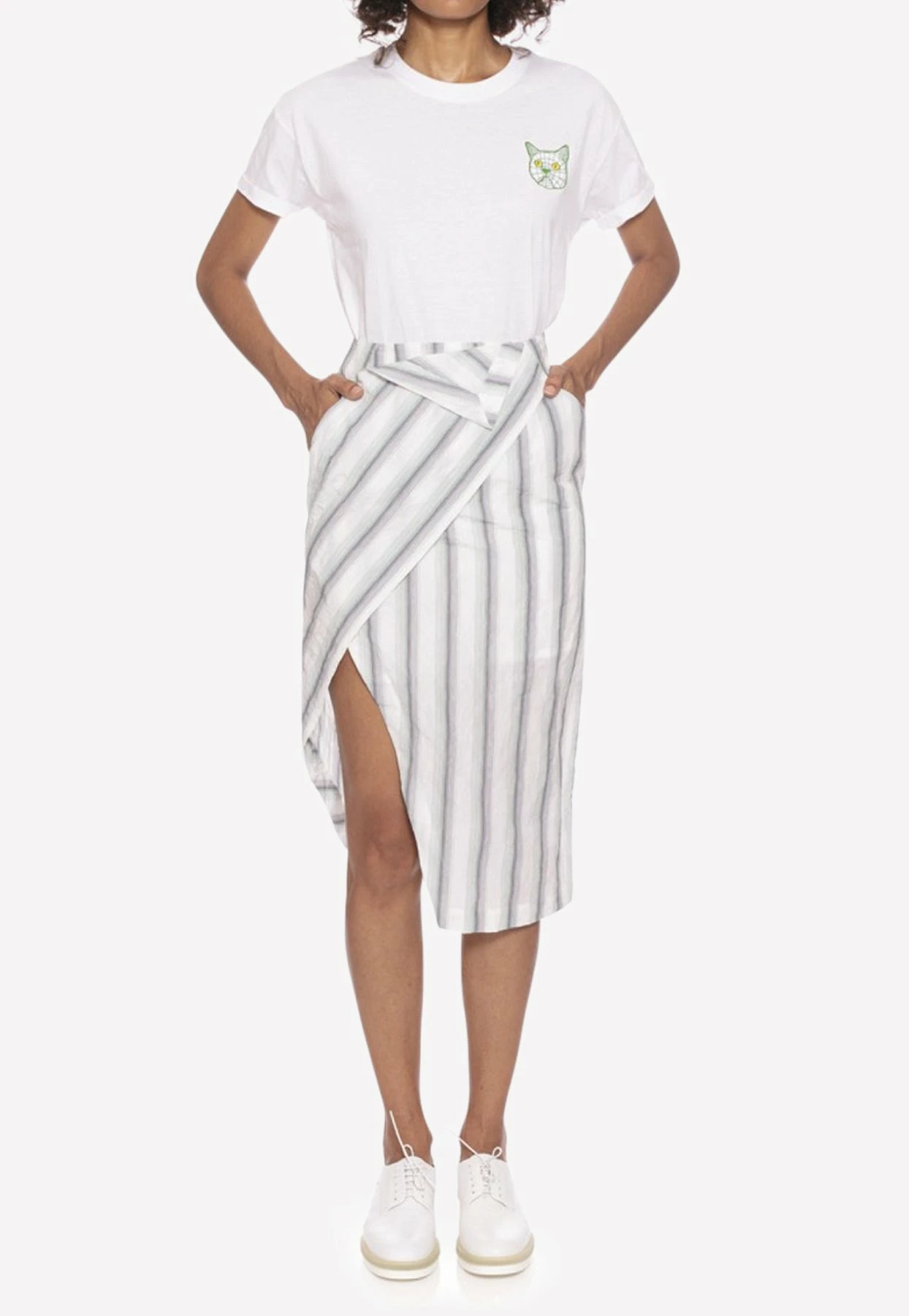 Dawei Striped Cotton Wrap Skirt With Slit White 1 Dawei Striped Cotton Wrap Skirt With Slit White