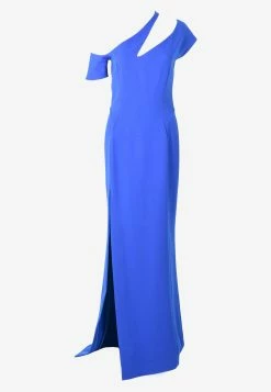 Mugler Asymmetric Neck Column Gown With Slit Blue
