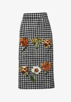Dolce & Gabbana Houndstooth Flowers-Printed Midi Skirt Black