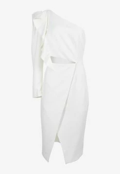 Lavish Alice One Shoulder Ruffle Wrap Midi Dress White