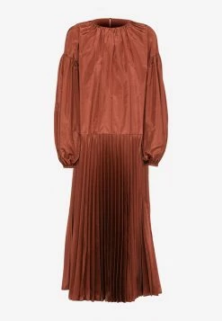 Valentino Washed Taffeta Pleated Midi Dress Brown