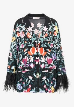 Valentino Feather-Trimmed Floral Silk Shirt Multicolor